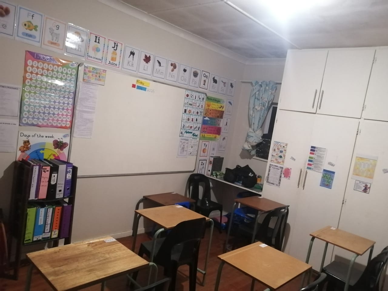 Cozy classroom setup with educational posters